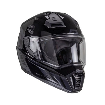 Capacete integral de motocicleta preto com viseira transparente e texto LEATT