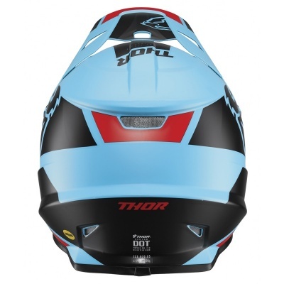 Capacete integral azul claro com detalhes pretos e vermelhos e marca THOR na traseira