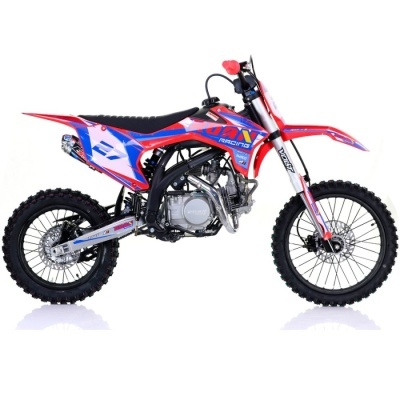 Motocross infantil vermelha e azul com pneus pretos e assento preto