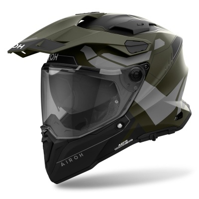 Capacete de motociclismo verde militar com viseira transparente e detalhes pretos e cinza
