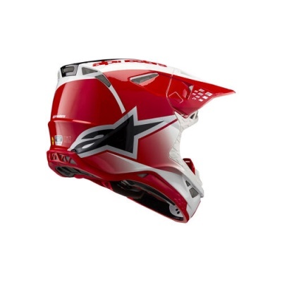Capacete de motocross vermelho, branco e preto com design aerodinâmico e estrela preta na lateral