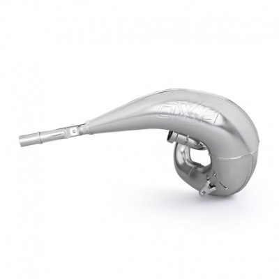 Escape de moto metálico prateado com inscrição AXIA