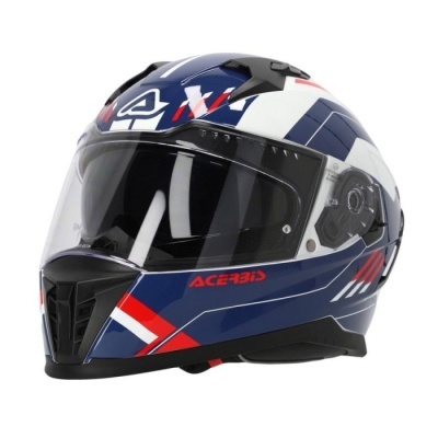 Capacete integral azul, branco, vermelho e preto com visor transparente e texto ACERBIS