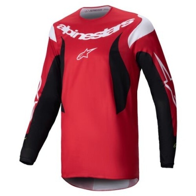 Camisola de motocross vermelha, branca e preta da marca Alpinestars com logotipo e nome na frente e mangas