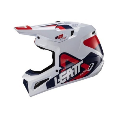 Capacete integral motocross branco, vermelho e preto com texto LEATT e CT 0.01