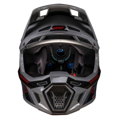 Capacete integral preto e cinza com detalhes vermelhos