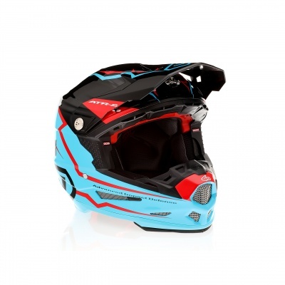 Capacete integral motocross azul claro, vermelho e preto com texto ATR-2