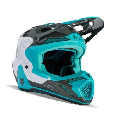 Capacete de motocross azul turquesa, preto e branco da FOX