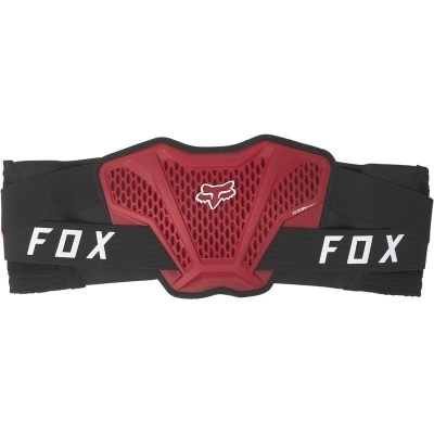 Proteção para costas FOX vermelha e preta com texto e logótipo.