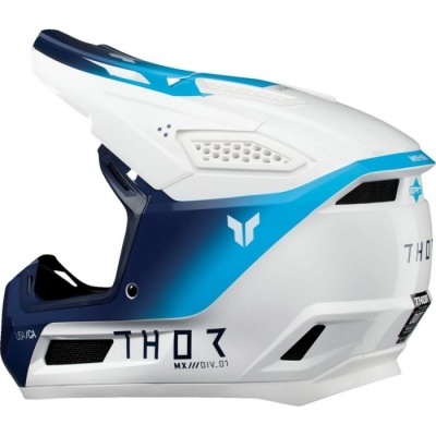 Capacete integral motocross branco, azul e azul escuro com textos THOR e MX///DIV.01