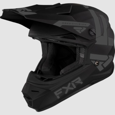 Capacete de motocross preto e cinzento com texto FXR