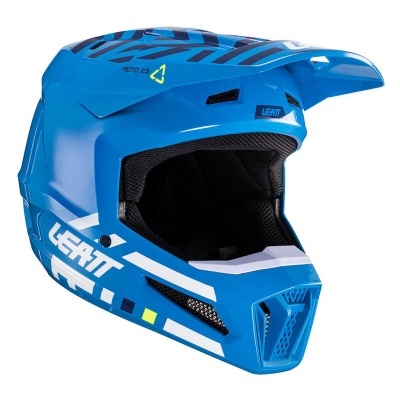 Capacete integral azul com logotipos e ventilações