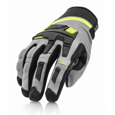 Luva de proteção cinza com detalhes pretos e amarelo fluorescente.