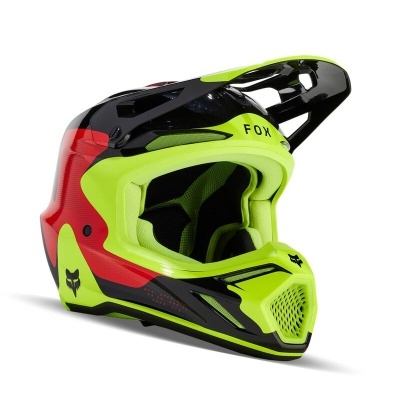 Capacete motocross preto, vermelho e verde neon com visor e marca FOX