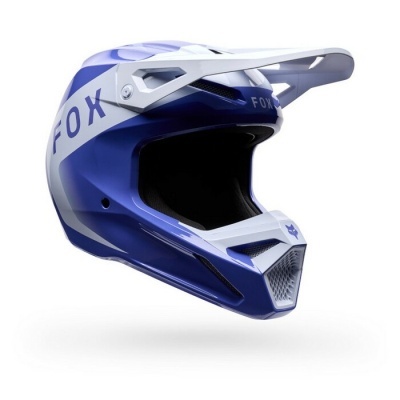 Capacete integral azul e branco para motocross com o texto FOX