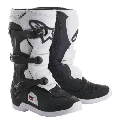 Botas de motocross Alpinestars com fechos de fivela e cores preto, branco e cinzento