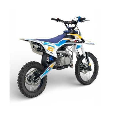 Motociclo todo-o-terreno azul e branco com detalhes amarelos e pneus grossos