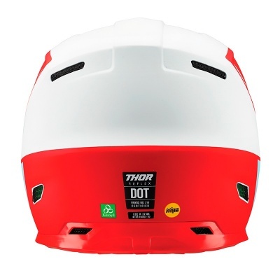 Capacete de motociclista branco e vermelho visto da parte traseira