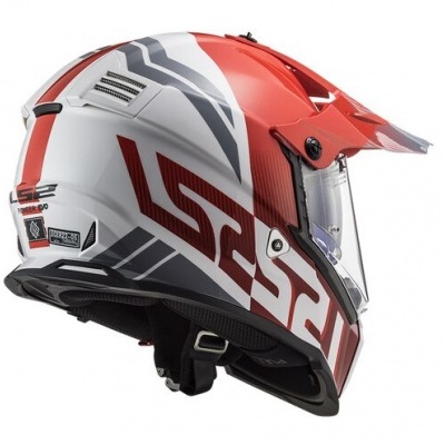 Capacete integral de motociclista LS2 branco, vermelho e cinza com visor transparente
