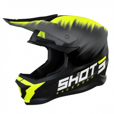 Capacete integral de motocross preto, cinzento e amarelo fluorescente com texto 'SHOT 3 RACEGEAR'