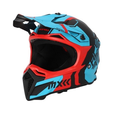 Capacete de motocross azul, vermelho e preto com visor e grafismo