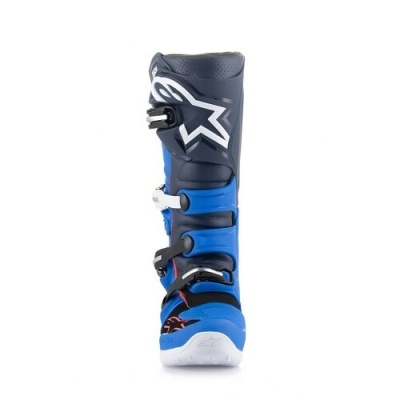 Bota de motocross azul, preto e branco com fechos e logótipo