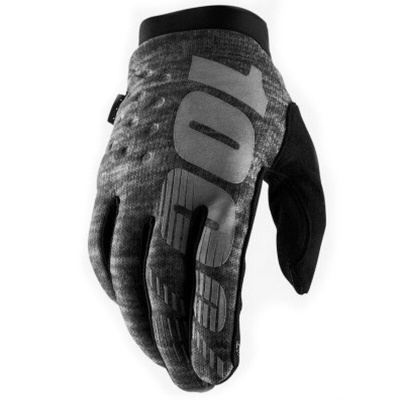 Luva desportiva cinzenta e preta com texto 100% na parte superior