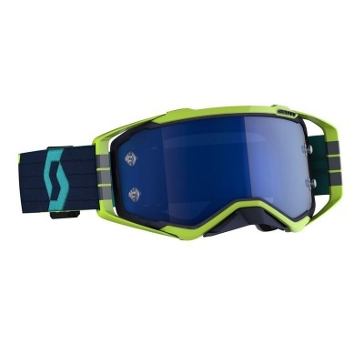 Óculos de proteção desportivos verdes com lentes azuis e cinta elástica azul