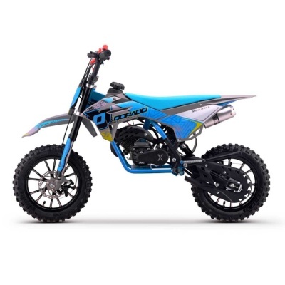Moto de motocross azul e preta com texto DORADO e MD3 49CC