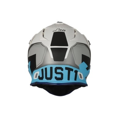 Capacete branco com detalhes preto, cinzento e azul e texto JUST1