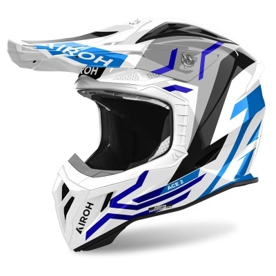 Capacete integral motocross branco com detalhes azuis e pretos da marca Kiroh