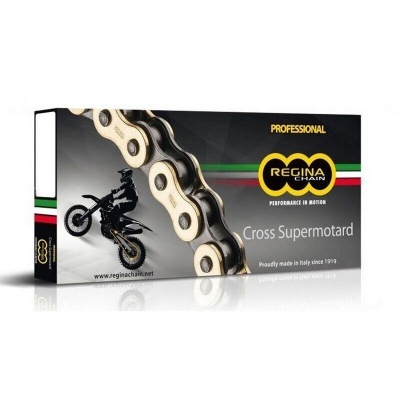 Embalagem de corrente profissional para motos Regina Chain Cross Supermotard com imagem de motociclista e texto