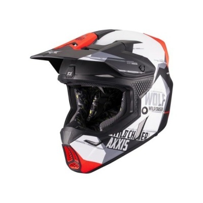 Capacete de mota integral preto, branco, vermelho e cinzento com texto WOLF WILD CHASER AXXIS