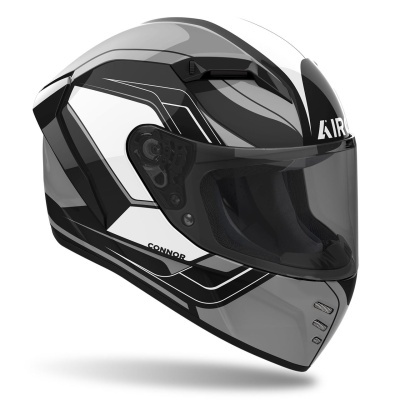 Capacete integral cinza, preto e branco com visor escuro e texto 'CONNOR' e 'AIR'