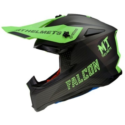 Capacete integral preto e verde com texto MT HELMETS e FALCON