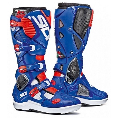 Botas de motocross SIDI azuis, vermelhas e brancas com presilhas e proteções rigid