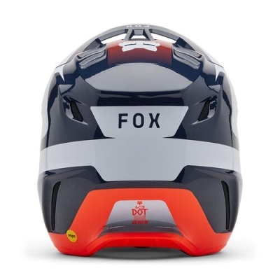 Capacete FOX azul escuro, branco e vermelho com logotipos e certificação DOT