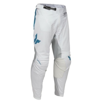 Calças de motocross brancas com detalhes azuis e cinzentos