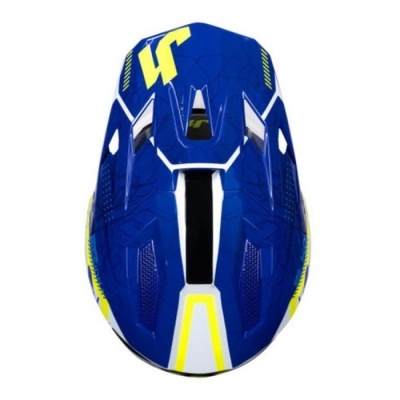 Capacete desportivo azul com detalhes amarelos e brancos visto de cima