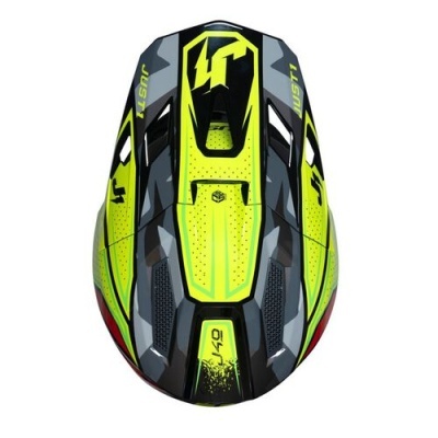Capacete esportivo amarelo fluorescente e preto com padrões geométricos
