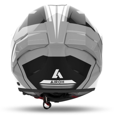 Capacete de mota cinza e preto com logo AIROH na parte traseira