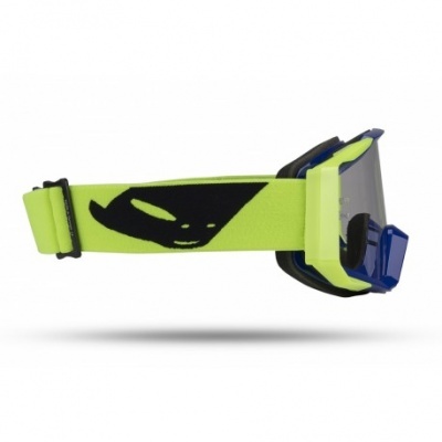 Óculos de proteção com armação azul e fita elástica amarela com padrão preto