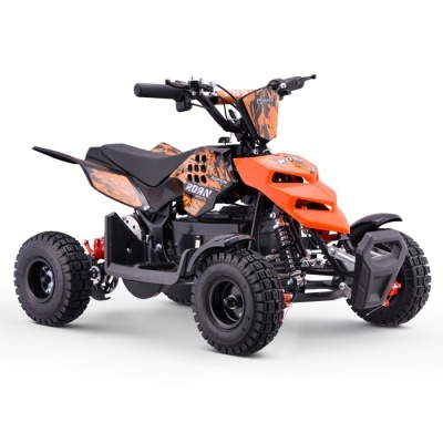 Quadriciclo infantil preto e laranja com pneus robustos e textos MADIX RAPTOR RDAX 500W