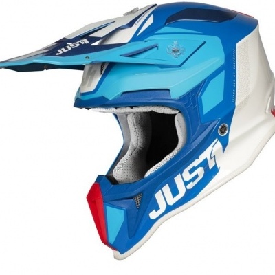Capacete motocross azul branco vermelho com texto JUST