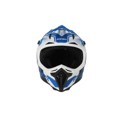 Capacete integral azul, branco e preto com viseira escura e marca Astro