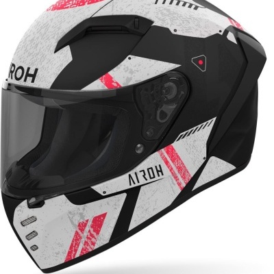 Capacete integral para motociclista com visor escuro e padrão gráfico em preto, branco e vermelho