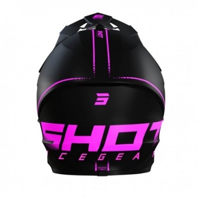 Capacete de mota preto com detalhes rosa fluorescente e texto 'SHOT LEGEND'