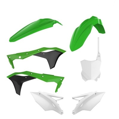 Peças de plástico para mota em verde, preto e branco em fundo branco