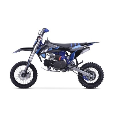 Mota de motocross preta e azul com pneus de borracha e guiador azul