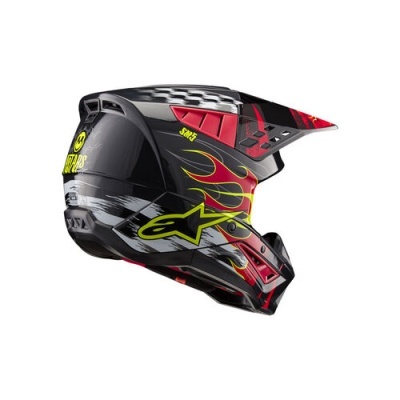 Capacete de motocross preto com chamas amarelas e detalhes vermelhos